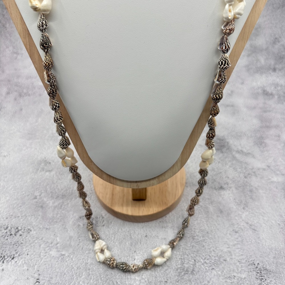 Natural Shell Necklace Brown White Seashell Long Boho Coastal Statement 30in